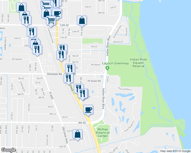 map of restaurants, bars, coffee shops, grocery stores, and more near 536 7th Place in Vero Beach