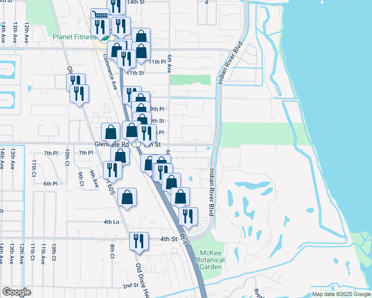 map of restaurants, bars, coffee shops, grocery stores, and more near 570 7th Place in Vero Beach
