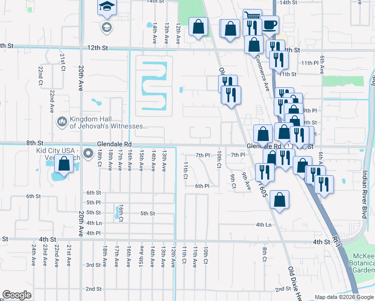 map of restaurants, bars, coffee shops, grocery stores, and more near 685 11th Court in Vero Beach
