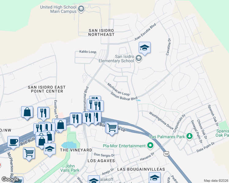 map of restaurants, bars, coffee shops, grocery stores, and more near 325 Michoacan Loop in Laredo