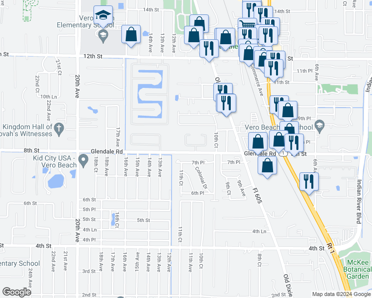 map of restaurants, bars, coffee shops, grocery stores, and more near 1145 8th Street Southwest in Vero Beach