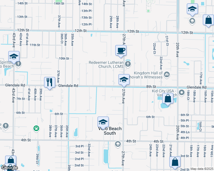 map of restaurants, bars, coffee shops, grocery stores, and more near 2886 Glendale Road in Vero Beach