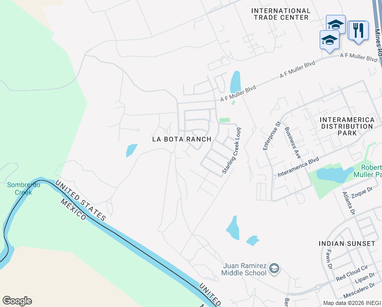 map of restaurants, bars, coffee shops, grocery stores, and more near 504 Scissor Trail Circle in Laredo