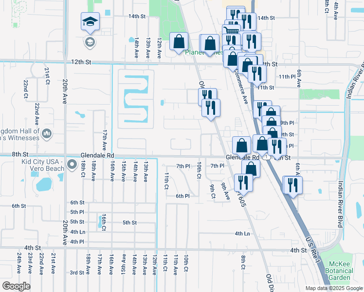 map of restaurants, bars, coffee shops, grocery stores, and more near 1100 8th Street Southwest in Vero Beach