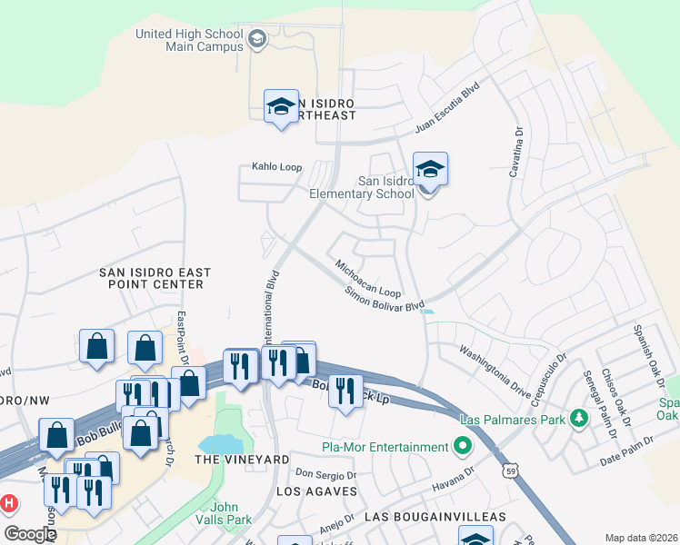 map of restaurants, bars, coffee shops, grocery stores, and more near 325 Michoacan Loop in Laredo