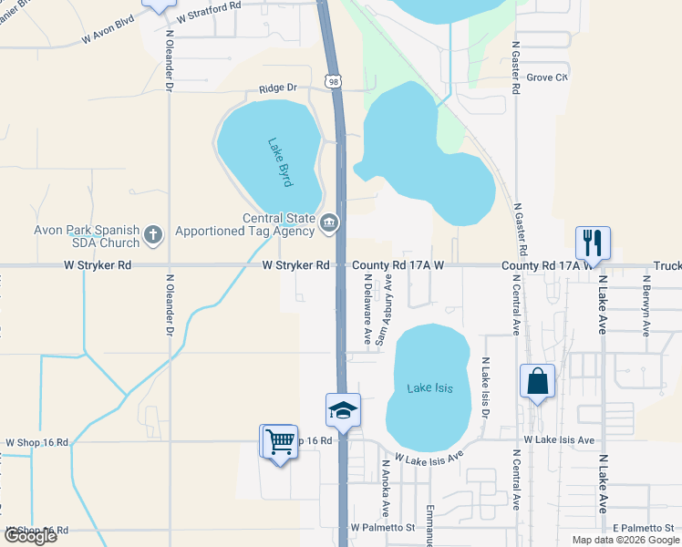 map of restaurants, bars, coffee shops, grocery stores, and more near 1580 Florida 25 in Avon Park