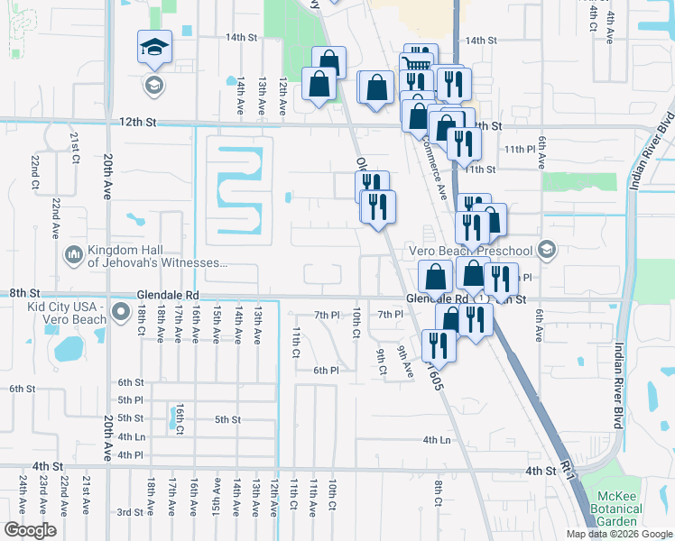 map of restaurants, bars, coffee shops, grocery stores, and more near 1103 9th Square in Vero Beach