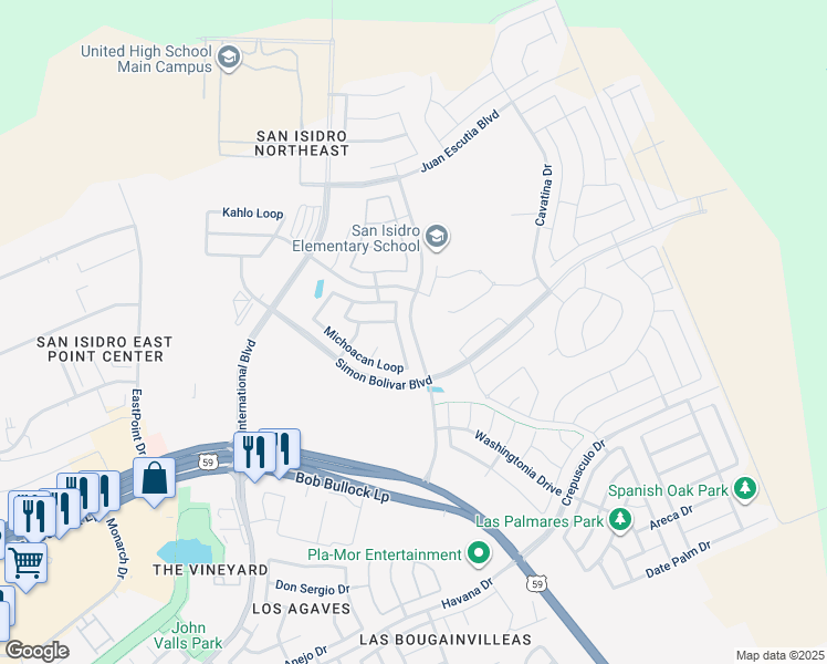 map of restaurants, bars, coffee shops, grocery stores, and more near Bucky Houdmann Boulevard in Laredo