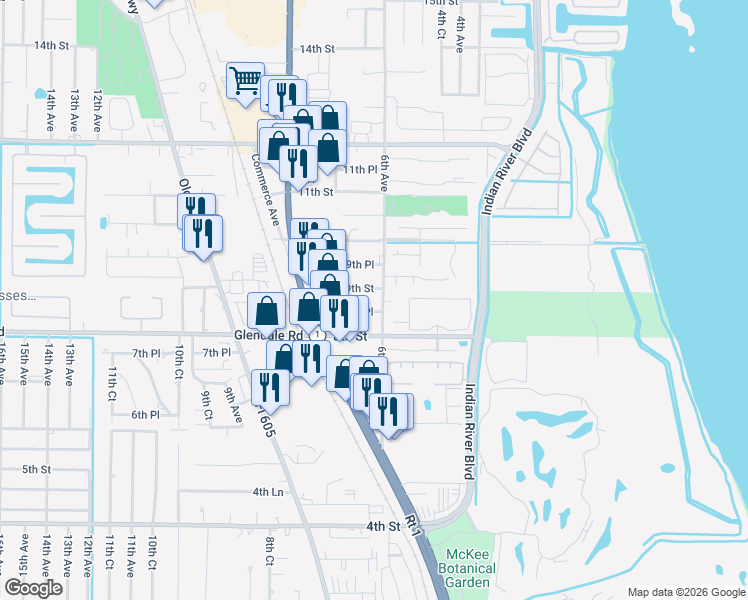 map of restaurants, bars, coffee shops, grocery stores, and more near 943 5th Drive in Vero Beach