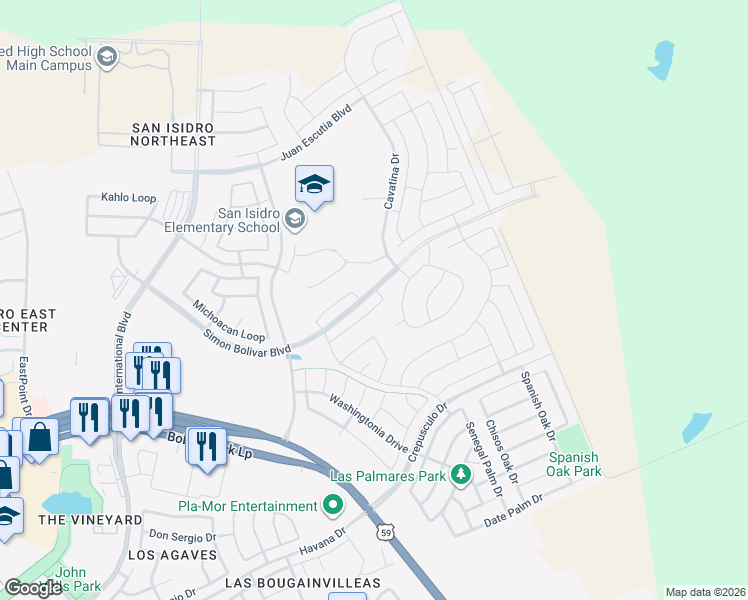 map of restaurants, bars, coffee shops, grocery stores, and more near 126 Sima Drive in Laredo