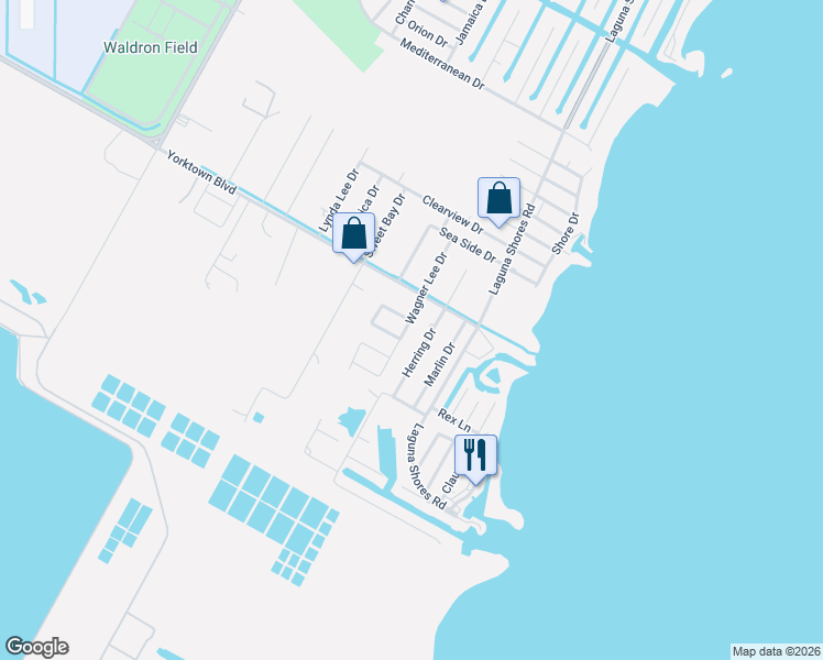 map of restaurants, bars, coffee shops, grocery stores, and more near 201 Portsmouth Drive in Corpus Christi