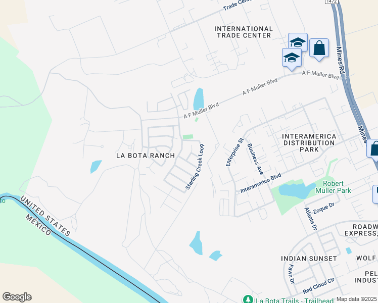 map of restaurants, bars, coffee shops, grocery stores, and more near 112 Parula Place Court in Laredo