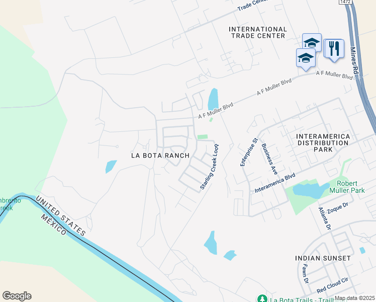 map of restaurants, bars, coffee shops, grocery stores, and more near 411 Grosbeak Street in Laredo