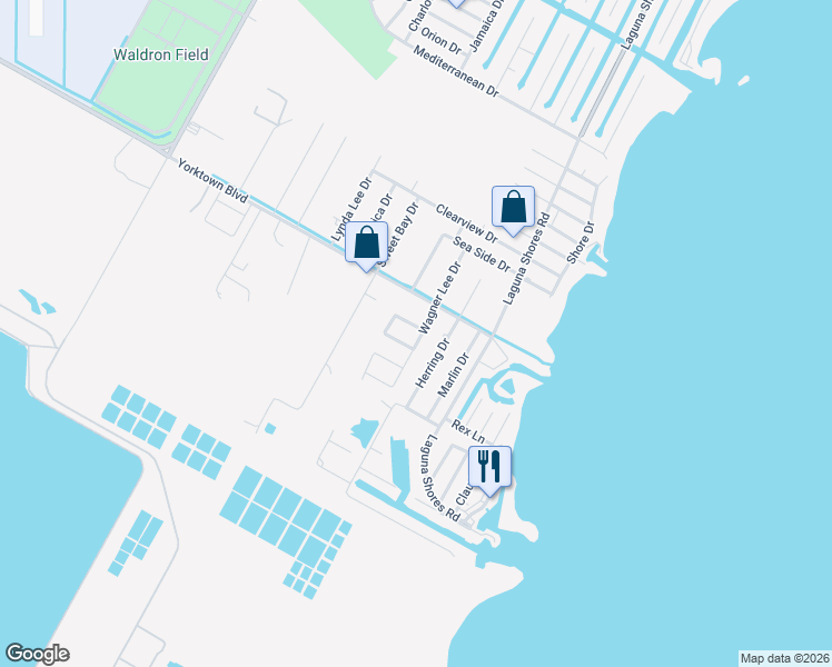 map of restaurants, bars, coffee shops, grocery stores, and more near 201 Portsmouth Drive in Corpus Christi
