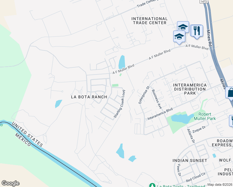 map of restaurants, bars, coffee shops, grocery stores, and more near 110 Parula Place Court in Laredo