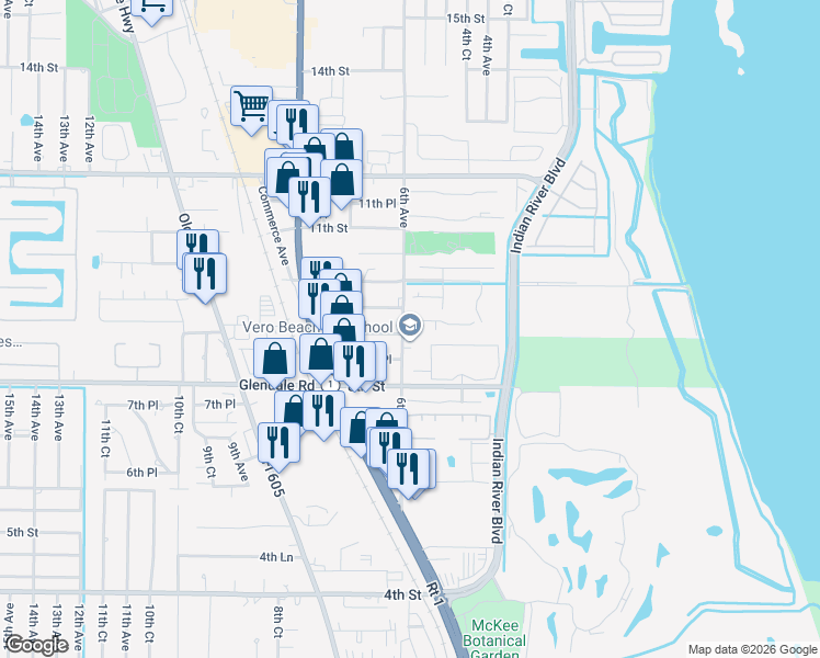 map of restaurants, bars, coffee shops, grocery stores, and more near 943 5th Drive in Vero Beach