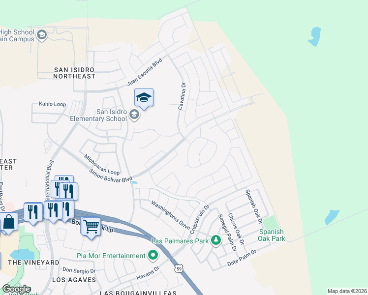 map of restaurants, bars, coffee shops, grocery stores, and more near 126 Sima Drive in Laredo