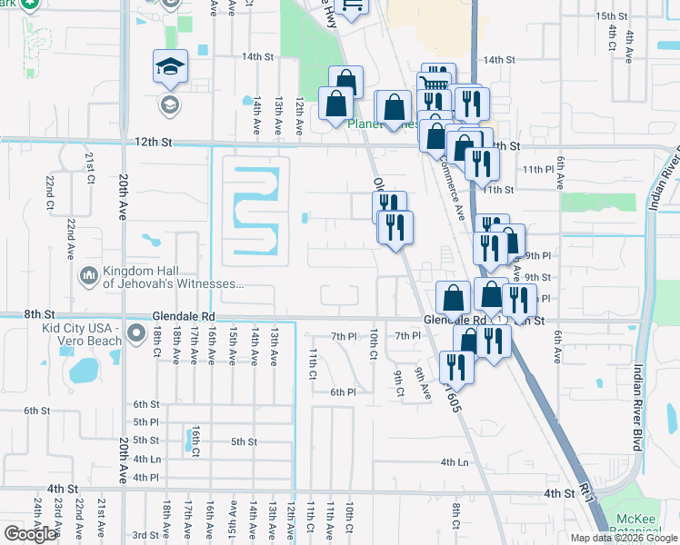 map of restaurants, bars, coffee shops, grocery stores, and more near 1103 9th Square in Vero Beach