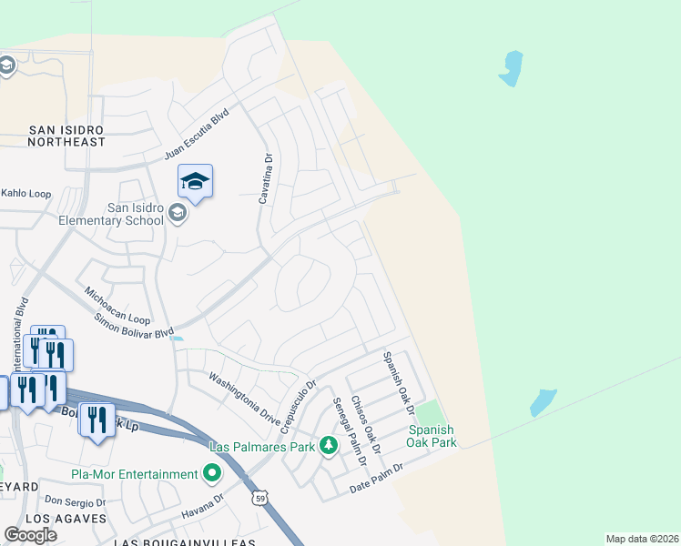 map of restaurants, bars, coffee shops, grocery stores, and more near 408 Collado Drive in Laredo