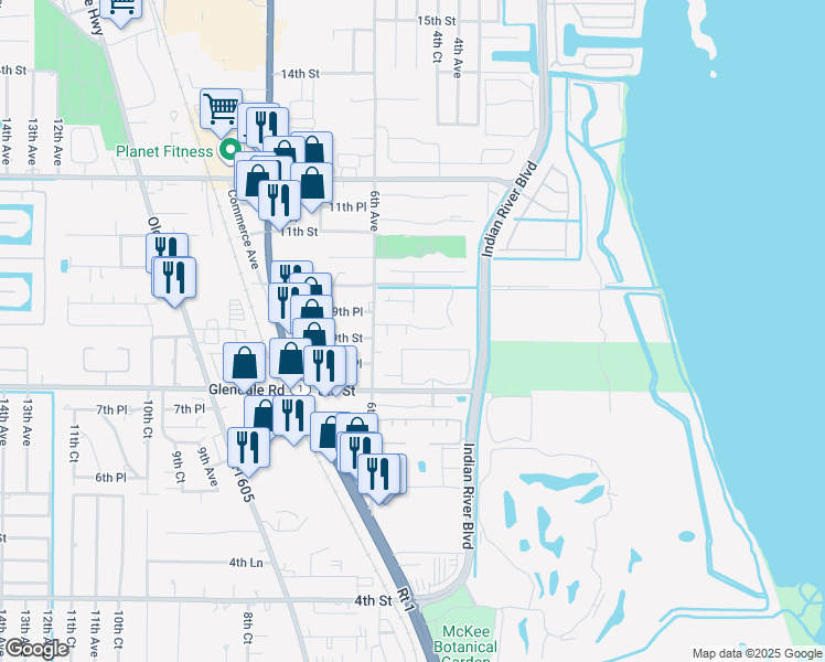 map of restaurants, bars, coffee shops, grocery stores, and more near 924 5th Court in Vero Beach