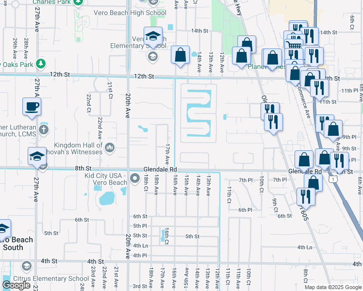 map of restaurants, bars, coffee shops, grocery stores, and more near 1065 South 13th Square in Vero Beach