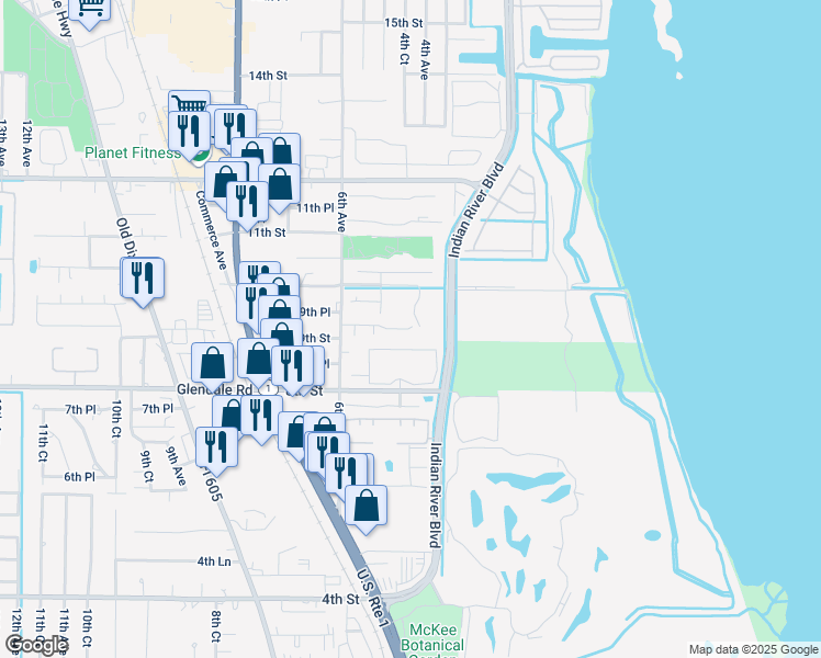 map of restaurants, bars, coffee shops, grocery stores, and more near 355 9th Place in Vero Beach