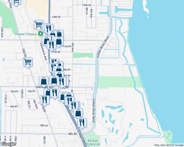 map of restaurants, bars, coffee shops, grocery stores, and more near 355 9th Place in Vero Beach