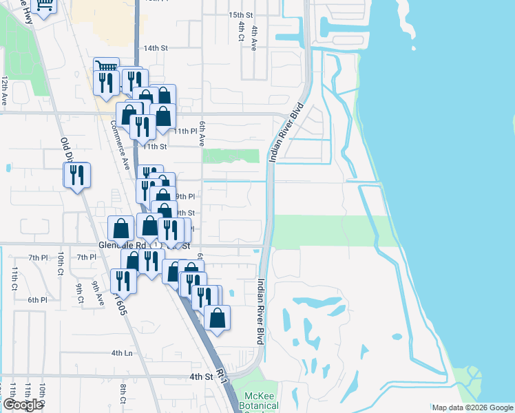 map of restaurants, bars, coffee shops, grocery stores, and more near 355 9th Place in Vero Beach