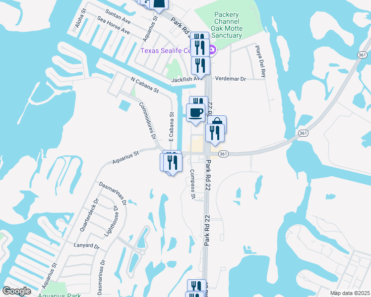 map of restaurants, bars, coffee shops, grocery stores, and more near 14601 Compass Street in Corpus Christi