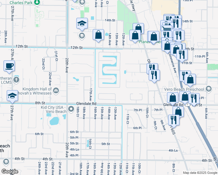 map of restaurants, bars, coffee shops, grocery stores, and more near 1045 South 13th Square in Vero Beach