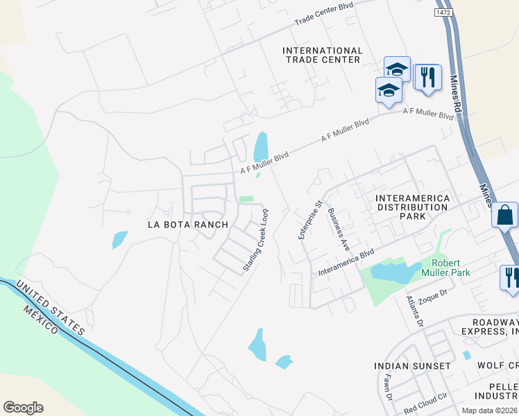 map of restaurants, bars, coffee shops, grocery stores, and more near 110 Parula Place Court in Laredo