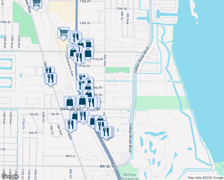 map of restaurants, bars, coffee shops, grocery stores, and more near 924 5th Court in Vero Beach