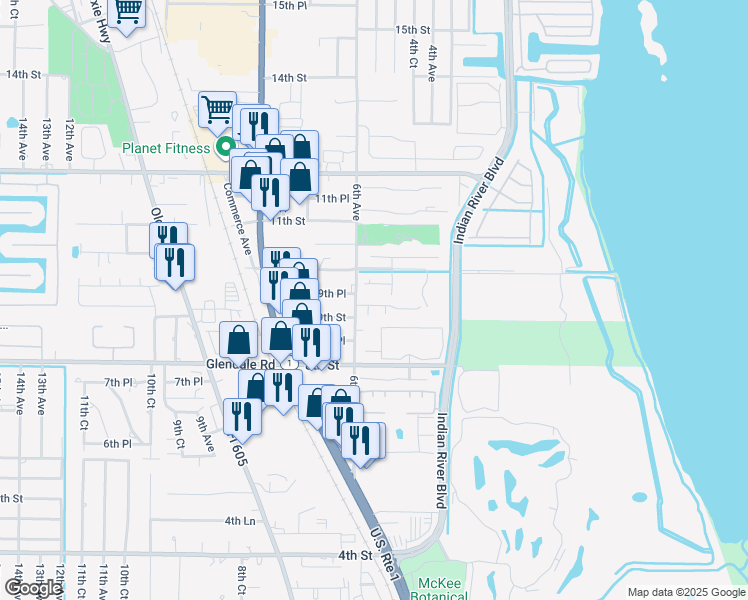 map of restaurants, bars, coffee shops, grocery stores, and more near 542 9th Place in Vero Beach