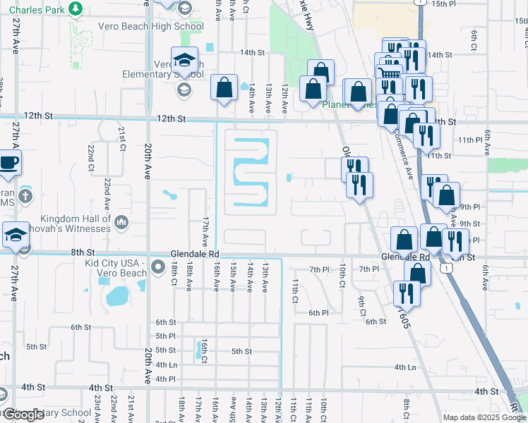 map of restaurants, bars, coffee shops, grocery stores, and more near 1033 South 13th Square in Vero Beach