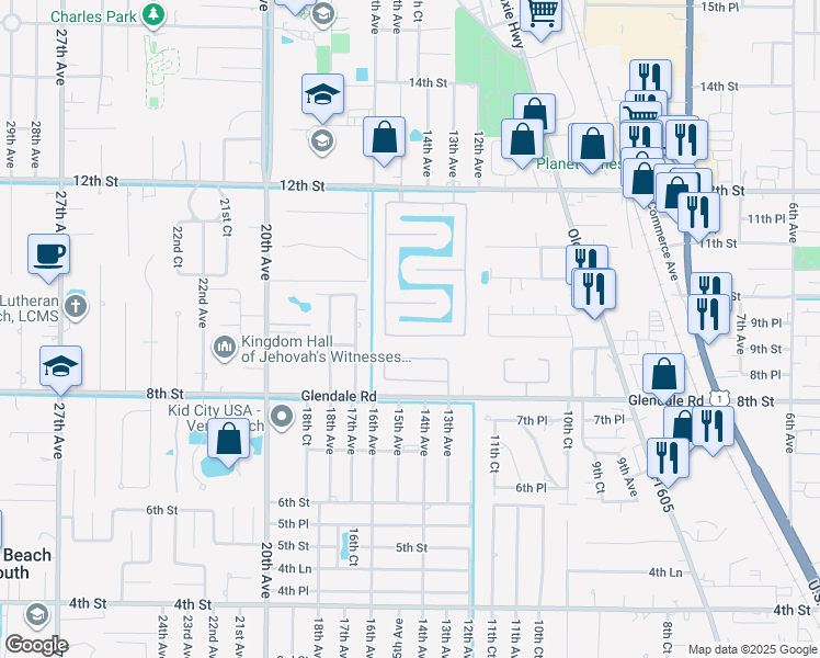 map of restaurants, bars, coffee shops, grocery stores, and more near 1051 South 13th Square in Vero Beach