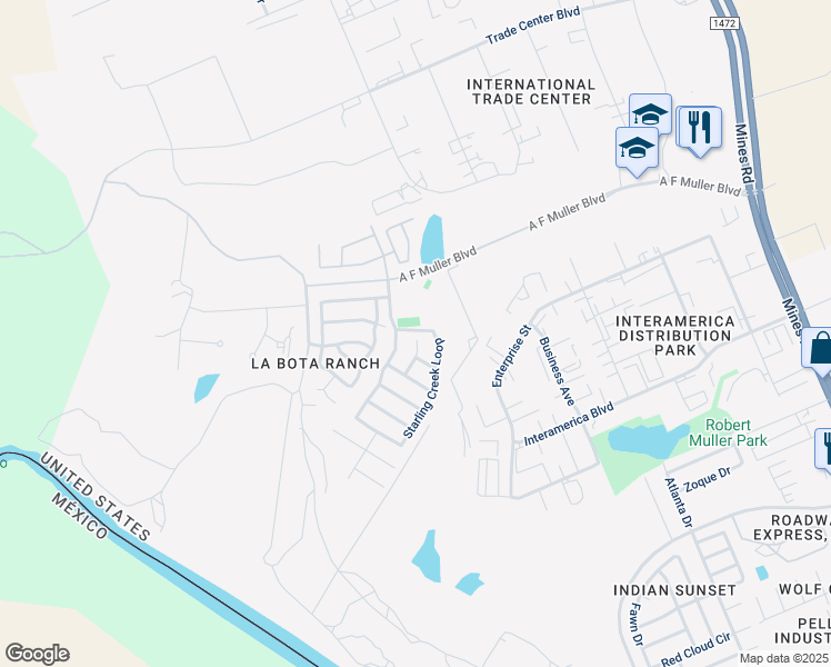 map of restaurants, bars, coffee shops, grocery stores, and more near 102 Parula Place Court in Laredo