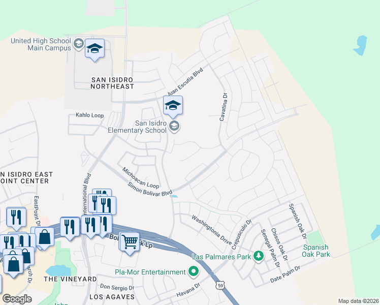 map of restaurants, bars, coffee shops, grocery stores, and more near Veracruz Drive in Laredo