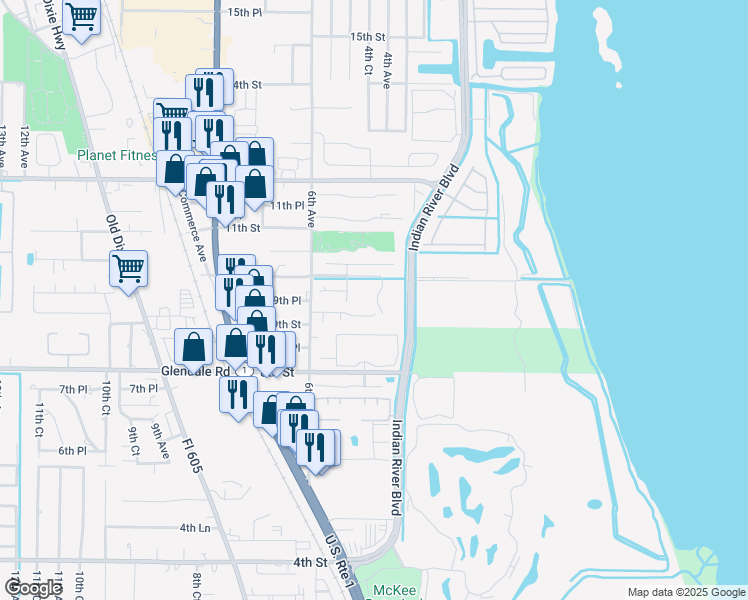 map of restaurants, bars, coffee shops, grocery stores, and more near 453 10th Place in Vero Beach