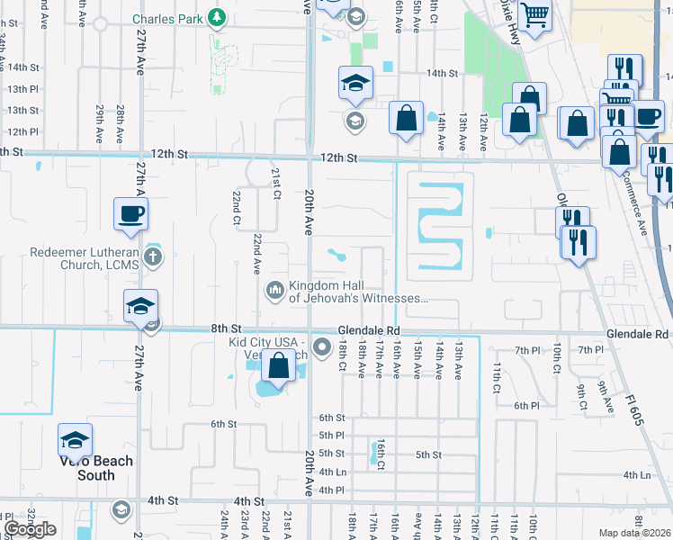 map of restaurants, bars, coffee shops, grocery stores, and more near 985 18th Avenue in Vero Beach