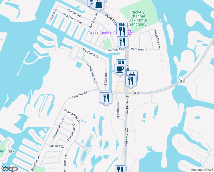 map of restaurants, bars, coffee shops, grocery stores, and more near 14439 Compass Street in Corpus Christi