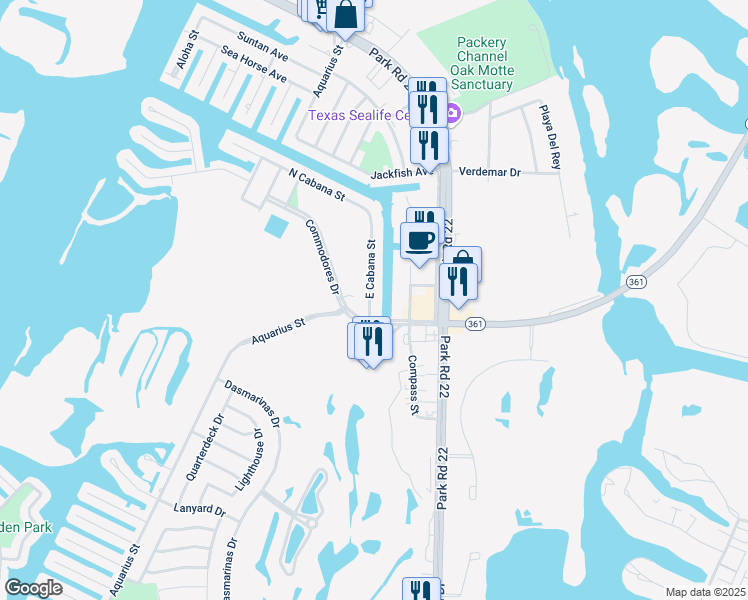 map of restaurants, bars, coffee shops, grocery stores, and more near 14439 Compass Street in Corpus Christi