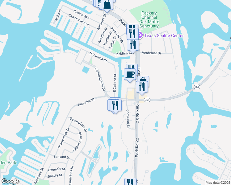 map of restaurants, bars, coffee shops, grocery stores, and more near 14445 East Cabana Street in Corpus Christi