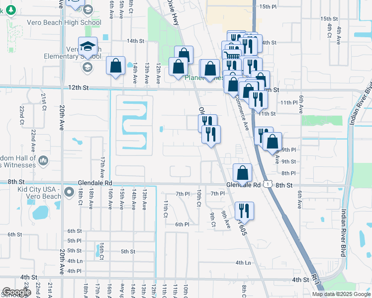 map of restaurants, bars, coffee shops, grocery stores, and more near 1132 9th Square in Vero Beach