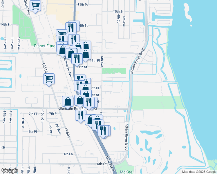 map of restaurants, bars, coffee shops, grocery stores, and more near 405 10th Street in Vero Beach