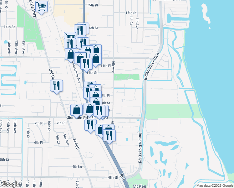 map of restaurants, bars, coffee shops, grocery stores, and more near 575 North Tropic Lane in Vero Beach