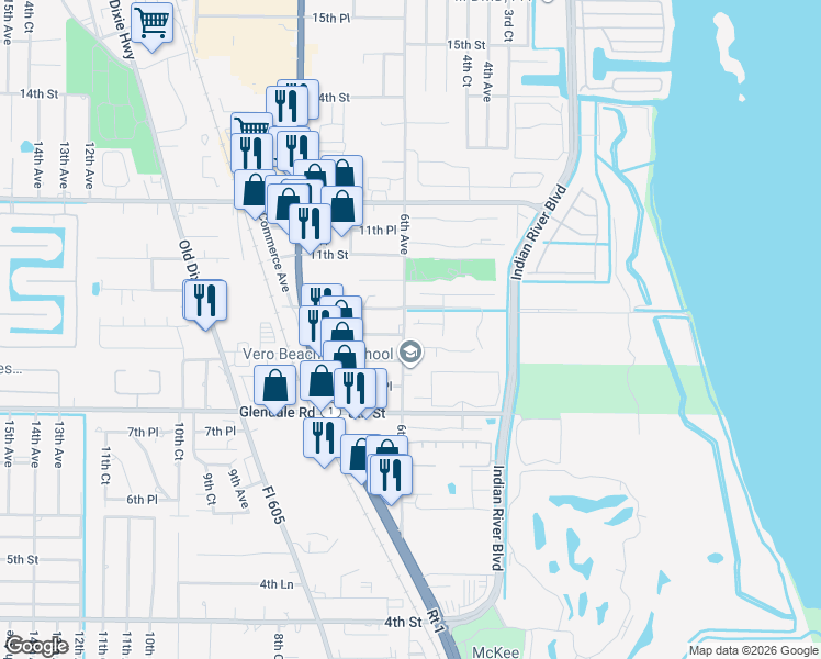 map of restaurants, bars, coffee shops, grocery stores, and more near 590 North Tropic Lane in Vero Beach