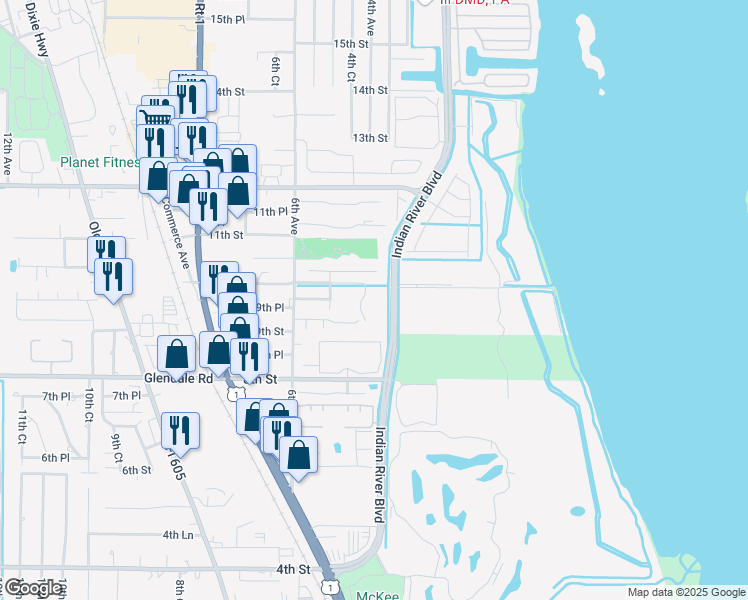 map of restaurants, bars, coffee shops, grocery stores, and more near 380 East Waverly Place in Vero Beach