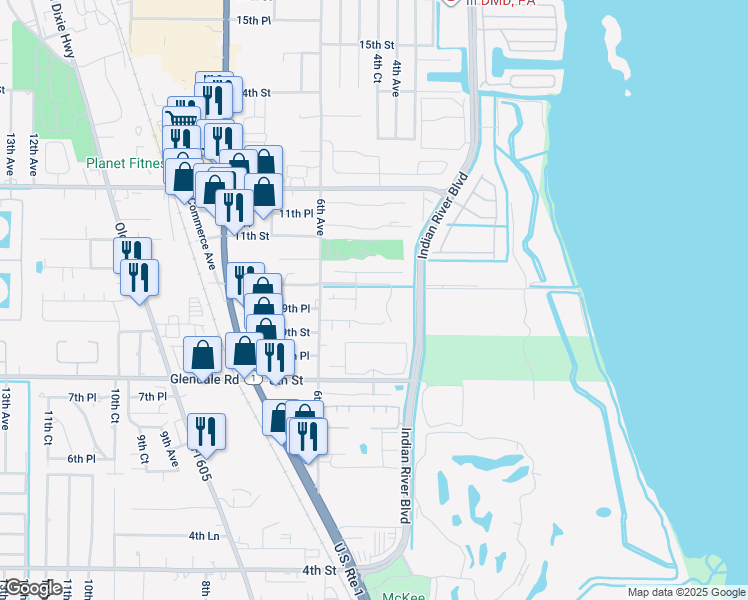map of restaurants, bars, coffee shops, grocery stores, and more near 405 10th Street in Vero Beach