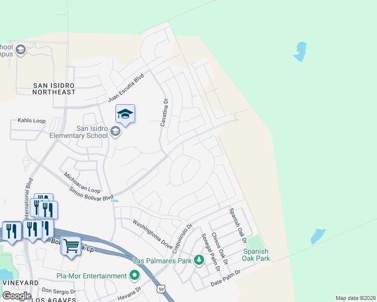 map of restaurants, bars, coffee shops, grocery stores, and more near 1419 Ocaso Drive in Laredo