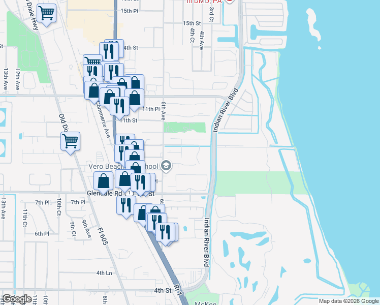 map of restaurants, bars, coffee shops, grocery stores, and more near 405 East Waverly Place in Vero Beach
